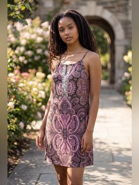 INC International Concepts Pink Paisley Sequin Neck Stretch Dress M